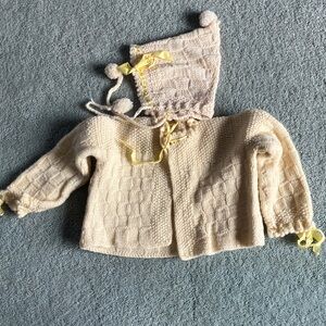 Vintage Cream Knit Baby Cardigan with Yellow Details